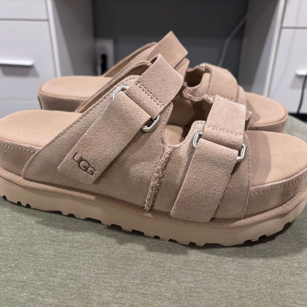 UGG Beige Suede Platform Slides